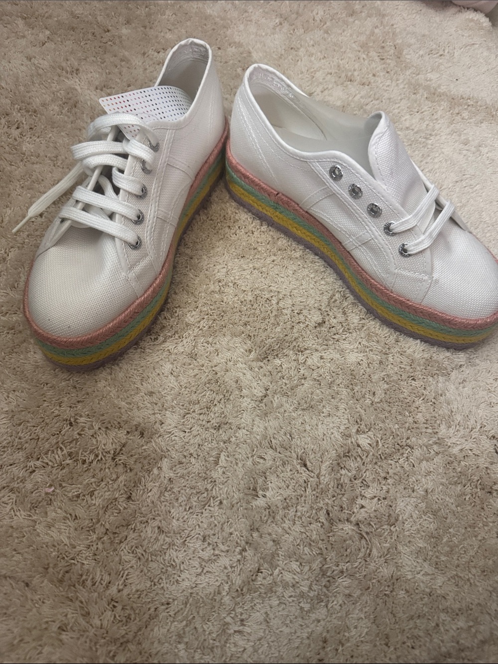 Superga White Canvas Platform Sneakers with Pastel Rainbow Espadrille Stripes